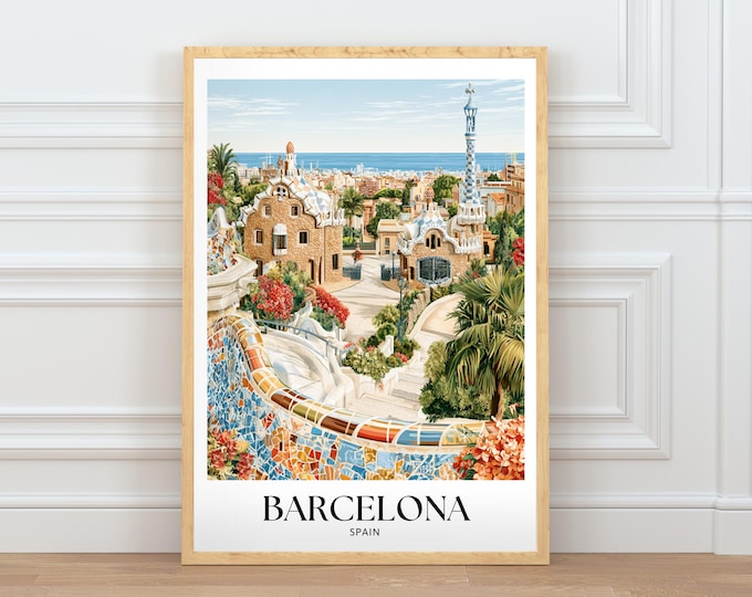 Barcelona Spain Travel Poster, Iconic City Wall Art, European Architecture Illustration, Home Decor Digital Download