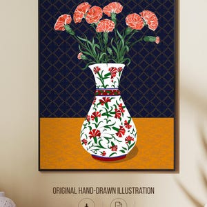 Carnation Wall Art, Hand Drawn Ottoman Vase Print, Turkish Floral Folk Art, Botanical Illustration image 2