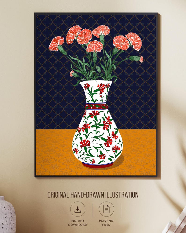 Carnation Wall Art, Hand Drawn Ottoman Vase Print, Turkish Floral Folk Art, Botanical Illustration image 2