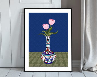 Hand-Drawn Pink Tulip Bouquet in Blue Ottoman Vase | Turkish Tile Floral Printable Wall Art Digital Download