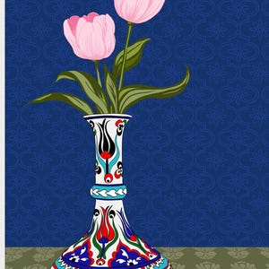 Pink Tulip Wall Art, Hand Drawn Ottoman Vase Print, Turkish Floral Illustration, Maximalist Flower Art image 3