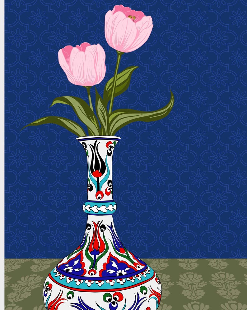 Pink Tulip Wall Art, Hand Drawn Ottoman Vase Print, Turkish Floral Illustration, Maximalist Flower Art image 3