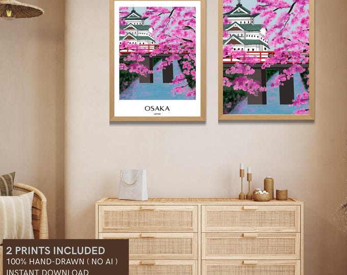Osaka Castle Sakura Printable, Japanese Cherry Blossom Travel Poster, Hand Drawn Digital Wall Art