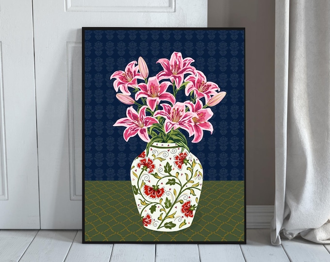 Hand-Drawn Pink Lily Bouquet in Ottoman Blue Porcelain Vase | Turkish Iznik Tile Floral Printable Wall Art Digital Download