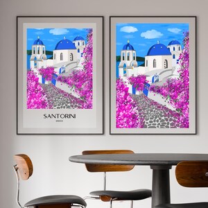 Décoration murale Santorin, imprimé de dômes bleus dessinés à la main, affiche de voyage Grèce, décoration côtière des îles grecques image 4