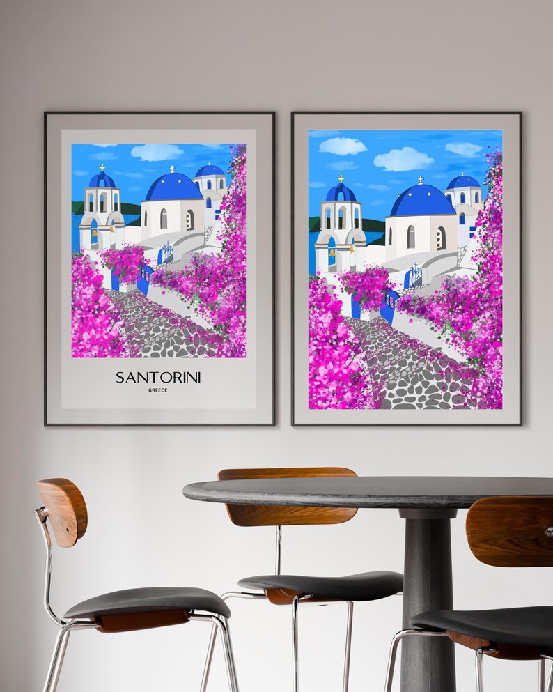 Décoration murale Santorin, imprimé de dômes bleus dessinés à la main, affiche de voyage Grèce, décoration côtière des îles grecques image 4