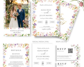 Colorful Wildflower Wedding Invitation Suite, Editable Canva Template, Floral Border, QR RSVP,  Digital Download
