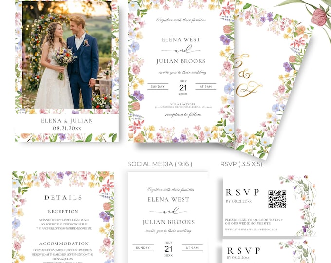 Colorful Wildflower Wedding Invitation Suite, Editable Canva Template, Floral Border, QR RSVP,  Digital Download