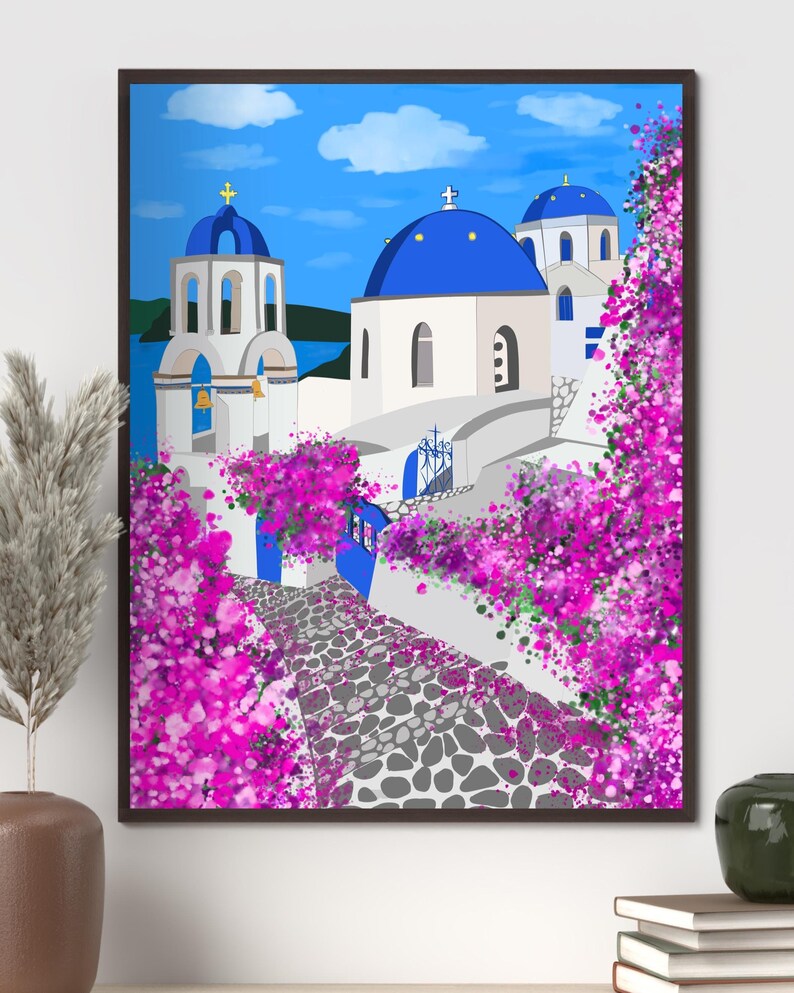 Décoration murale Santorin, imprimé de dômes bleus dessinés à la main, affiche de voyage Grèce, décoration côtière des îles grecques image 11