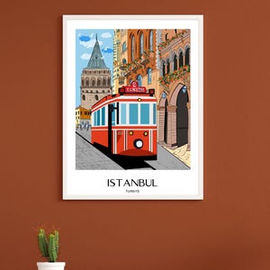 Istanbul Wall Art, Hand Drawn Red Tram and Galata Tower Print, Turkey Travel Poster, Printable City Art 画像 5