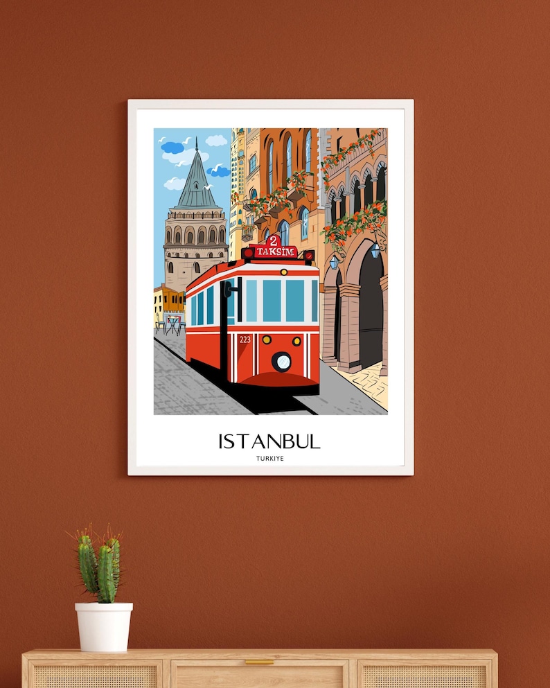 Istanbul Wall Art, Hand Drawn Red Tram and Galata Tower Print, Turkey Travel Poster, Printable City Art 画像 5