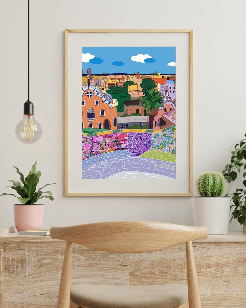 Barcelona Wall Art, Hand Drawn Park Guell Print, Gaudi Architecture, Spain Travel Poster bild 11
