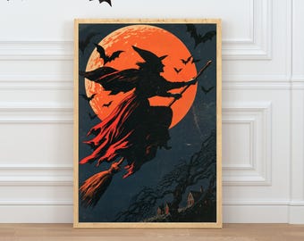 Salem Witch Wall Art, Vintage Flying Witch Printable, Witchy Decor, Retro Halloween Poster