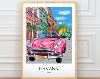 Havana Wall Art, Hand Drawn Vintage Car Print, Cuba Travel Poster, Colorful Caribbean City Illustration