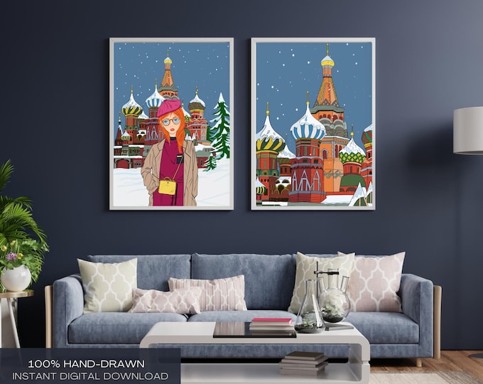 Moscow Travel Poster – St. Basil's Cathedral, Winter Girl Illustration (Digital Download)