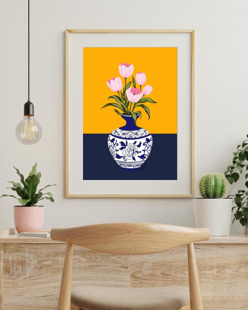 Tulip Vase Wall Art Set of 2, Hand Drawn Turkish Floral Prints, Ottoman Folk Art, Gallery Wall Set image 8