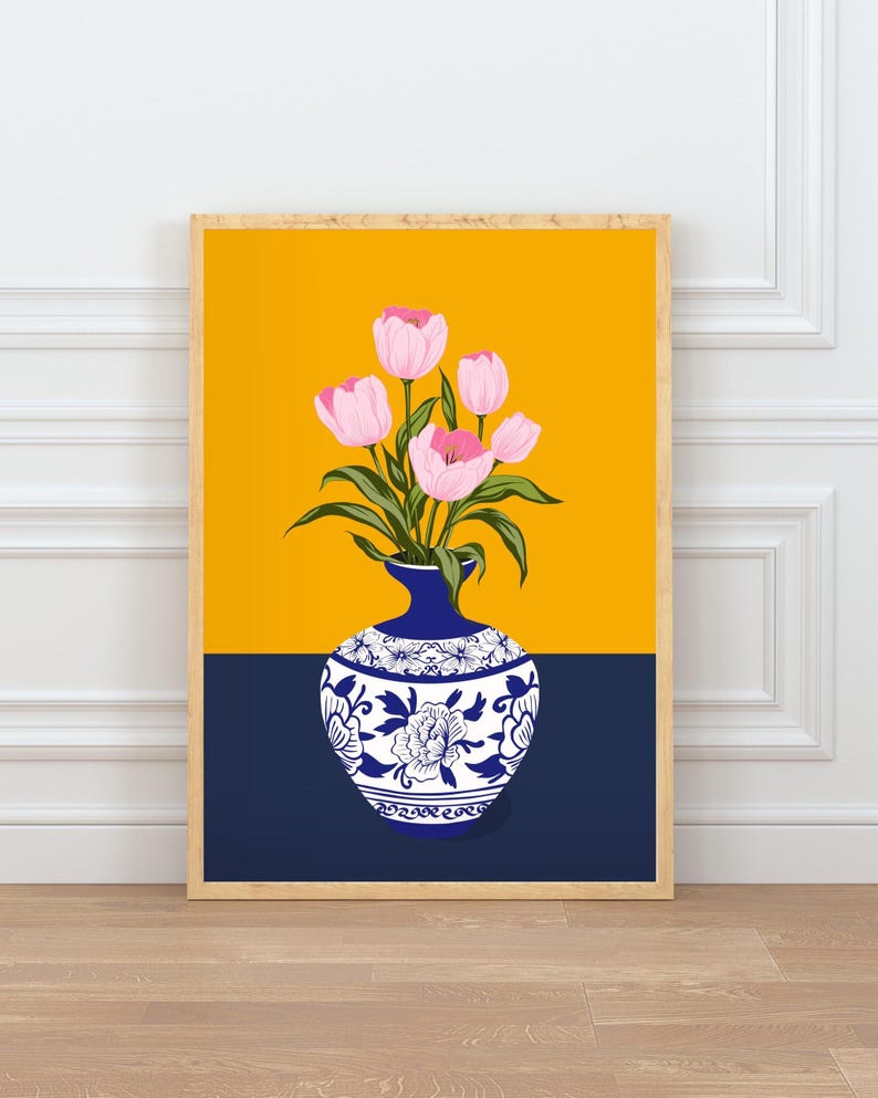 Tulip Vase Wall Art Set of 2, Hand Drawn Turkish Floral Prints, Ottoman Folk Art, Gallery Wall Set image 10