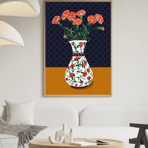 Carnation Wall Art, Hand Drawn Ottoman Vase Print, Turkish Floral Folk Art, Botanical Illustration image 10
