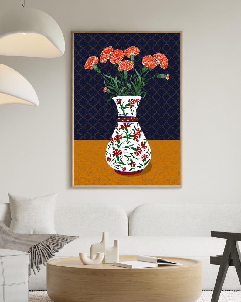 Carnation Wall Art, Hand Drawn Ottoman Vase Print, Turkish Floral Folk Art, Botanical Illustration image 10