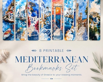 Mediterranean Printable Bookmarks, 8 Greece Blue Bookmark Set, Book Lover Gift, Instant Download