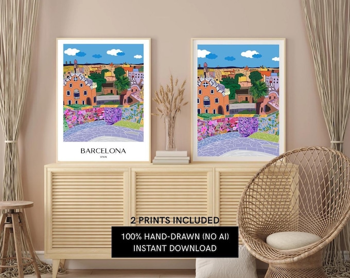 Park Guell Barcelona Printable, Gaudi Architecture Travel Poster, Hand Drawn Digital Wall Art