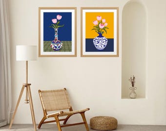 Hand Drawn Tulip Vase Prints, Set of 2 Iznik Ottoman Tile Art, Blue Porcelain Digital Download
