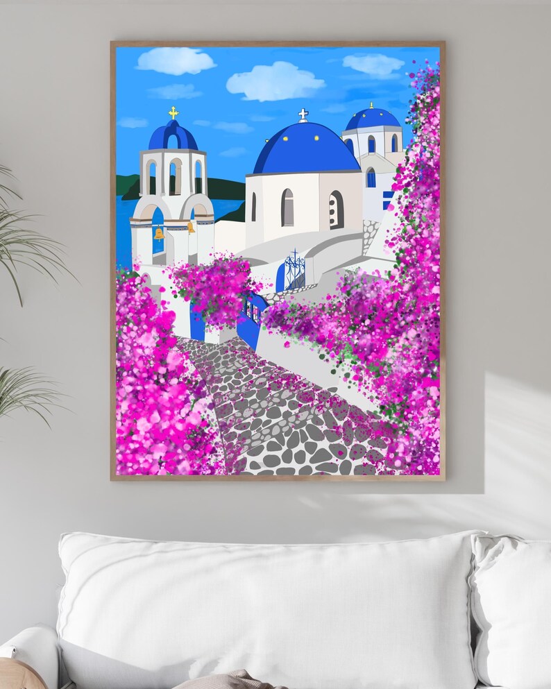 Décoration murale Santorin, imprimé de dômes bleus dessinés à la main, affiche de voyage Grèce, décoration côtière des îles grecques image 12