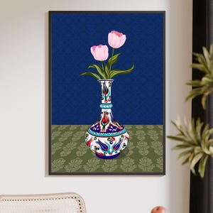 Pink Tulip Wall Art, Hand Drawn Ottoman Vase Print, Turkish Floral Illustration, Maximalist Flower Art image 9