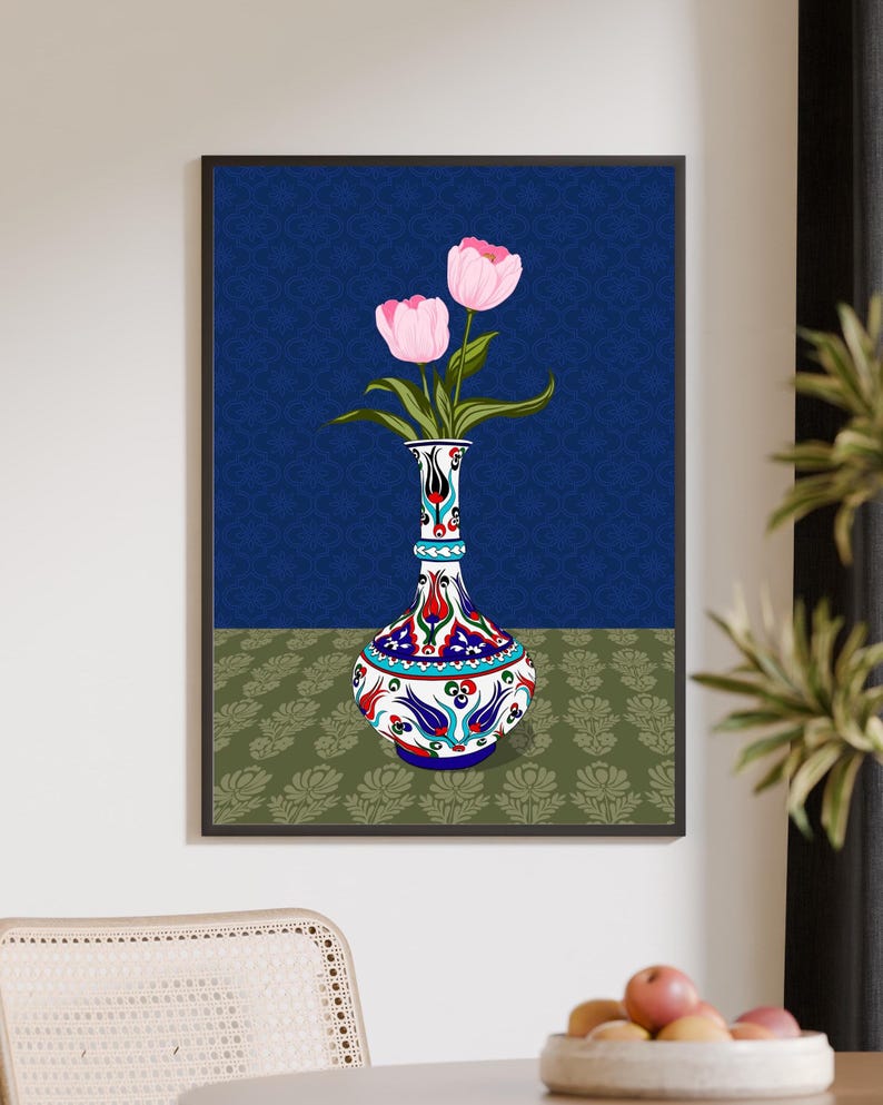 Pink Tulip Wall Art, Hand Drawn Ottoman Vase Print, Turkish Floral Illustration, Maximalist Flower Art image 9
