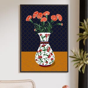Carnation Wall Art, Hand Drawn Ottoman Vase Print, Turkish Floral Folk Art, Botanical Illustration image 9