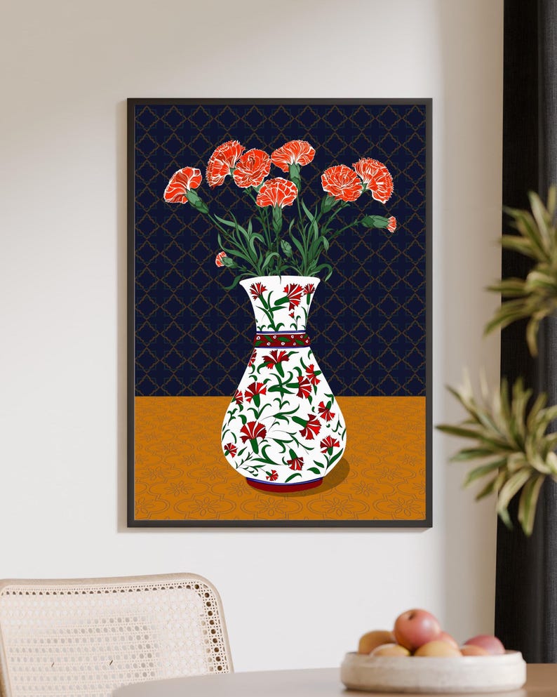 Carnation Wall Art, Hand Drawn Ottoman Vase Print, Turkish Floral Folk Art, Botanical Illustration image 9