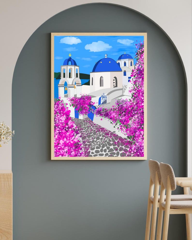 Décoration murale Santorin, imprimé de dômes bleus dessinés à la main, affiche de voyage Grèce, décoration côtière des îles grecques image 8