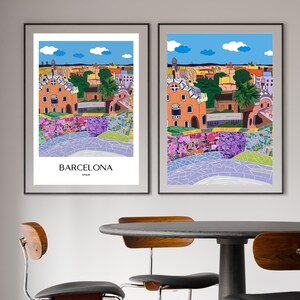 Barcelona Wall Art, Hand Drawn Park Guell Print, Gaudi Architecture, Spain Travel Poster bild 7
