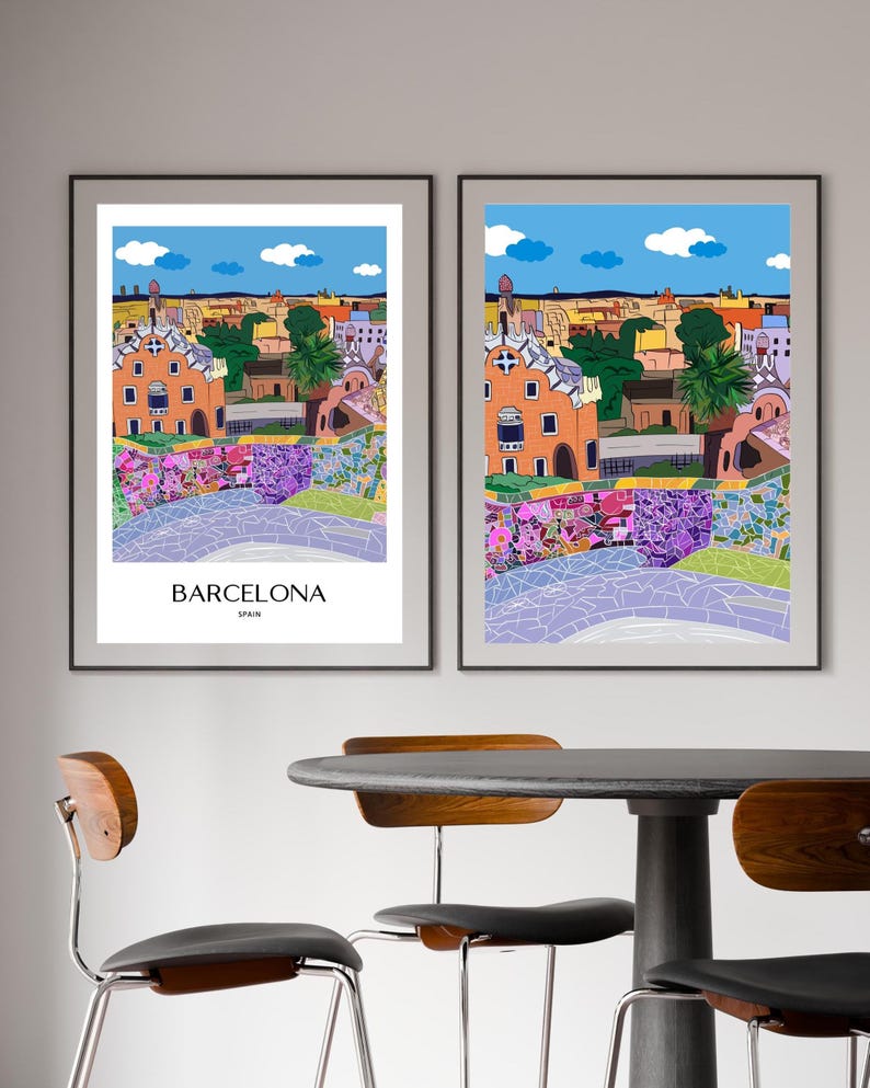 Barcelona Wall Art, Hand Drawn Park Guell Print, Gaudi Architecture, Spain Travel Poster bild 7