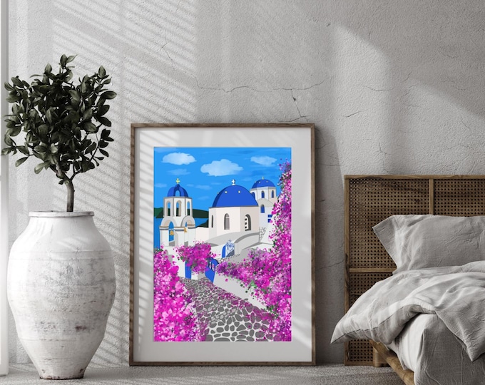 Santorini Blue Domes Greece Island Travel Poster Printable Digital Download