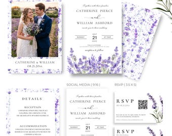 Lavender Wedding Invitation Suite, Editable Canva Template, Photo Invitation, QR RSVP,  Digital Download