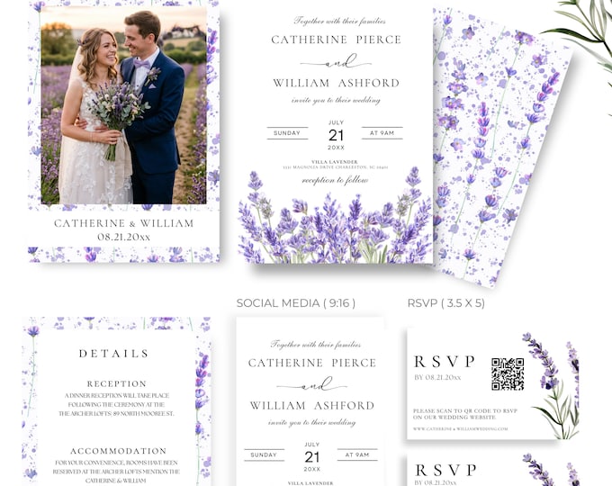 Lavender Wedding Invitation Suite, Editable Canva Template, Photo Invitation, QR RSVP,  Digital Download