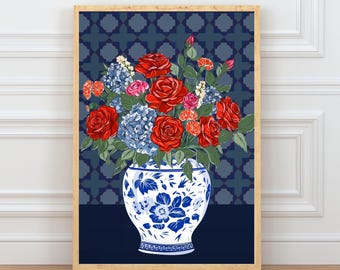 Rose and Hydrangea Wall Art, Hand Drawn Iznik Vase Print, Red Floral Still Life, Maximalist Decor
