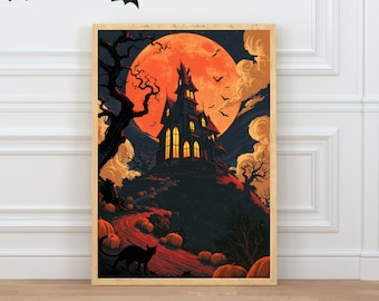 Haunted House Wall Art, Vintage Halloween Poster, Orange Moon Printable, Gothic Spooky Decor