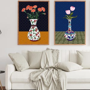 Carnation Wall Art, Hand Drawn Ottoman Vase Print, Turkish Floral Folk Art, Botanical Illustration image 7