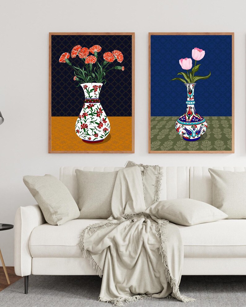Carnation Wall Art, Hand Drawn Ottoman Vase Print, Turkish Floral Folk Art, Botanical Illustration image 7