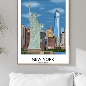 New York Wall Art, Hand Drawn NYC Skyline and Statue of Liberty Print, New York City Travel Poster imagen 12