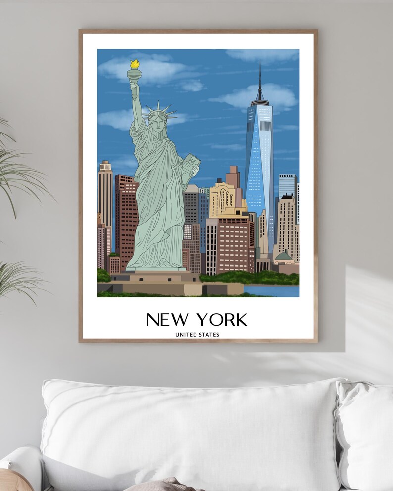 New York Wall Art, Hand Drawn NYC Skyline and Statue of Liberty Print, New York City Travel Poster imagen 12