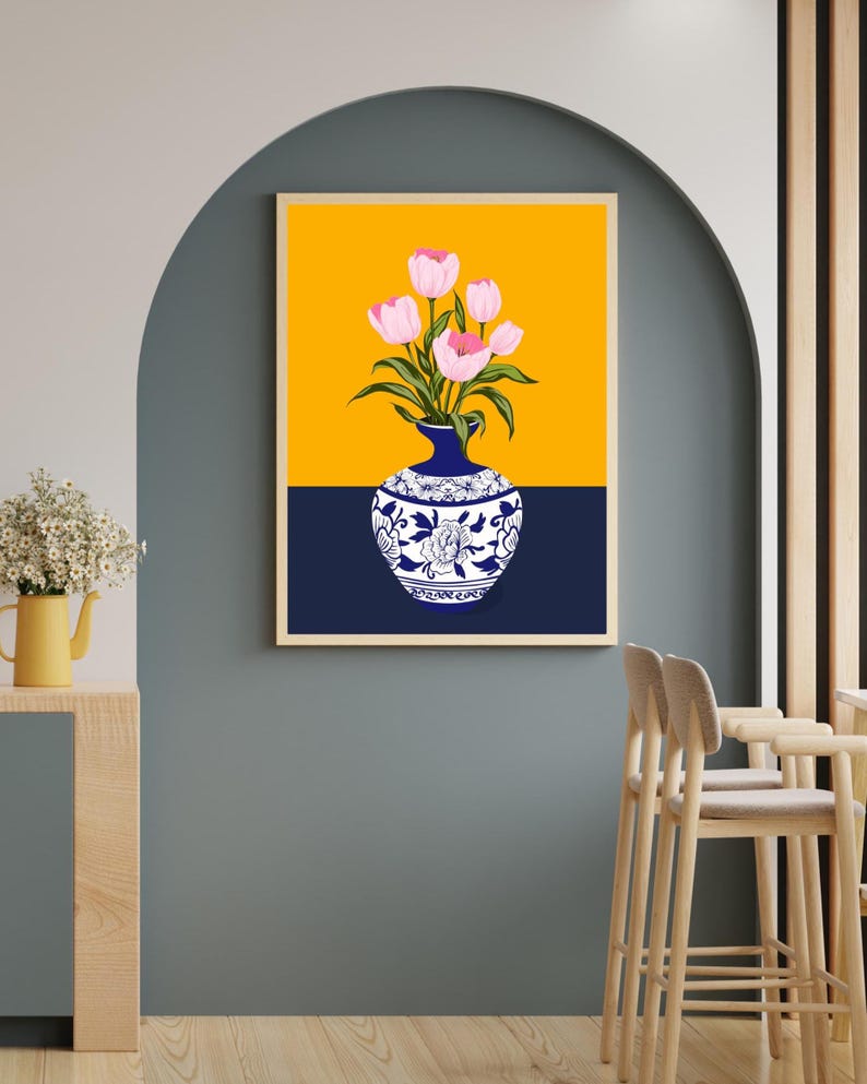 Handgetekende tulpen in een Turkse vaas, Ottomaanse bloemenkunstprint voor aan de muur. afbeelding 9