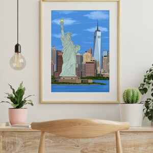 New York Wall Art, Hand Drawn NYC Skyline and Statue of Liberty Print, New York City Travel Poster imagen 6