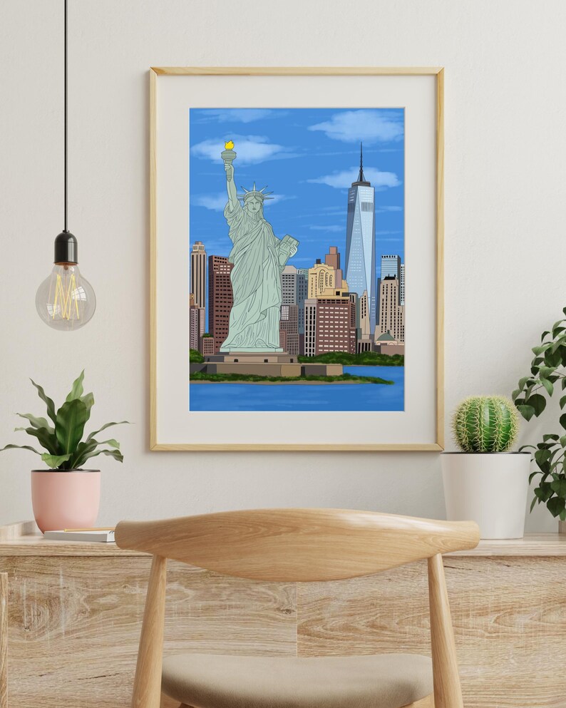 New York Wall Art, Hand Drawn NYC Skyline and Statue of Liberty Print, New York City Travel Poster imagen 6