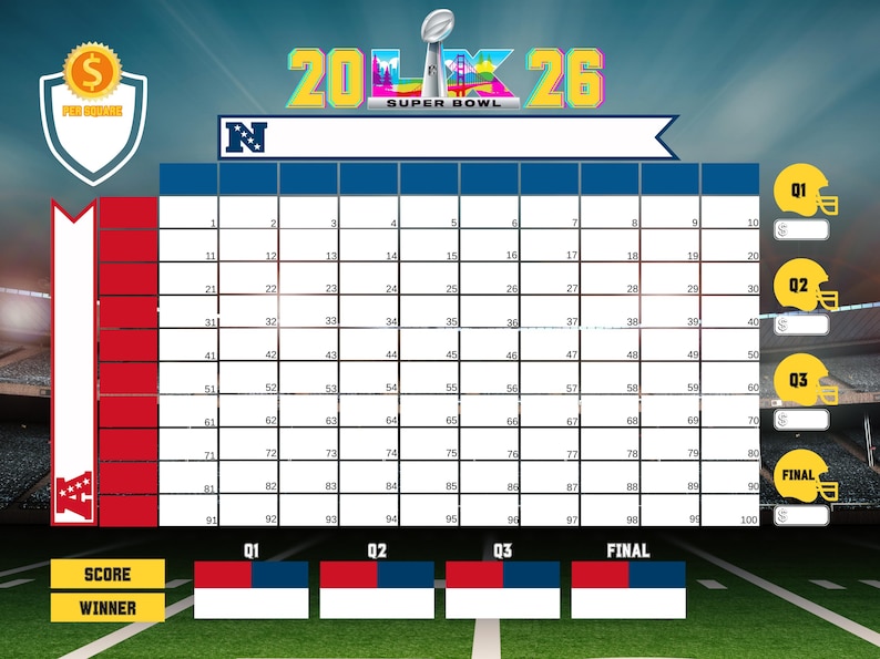 Super Bowl Squares 2026 Football Grid Printable Team Fundraiser