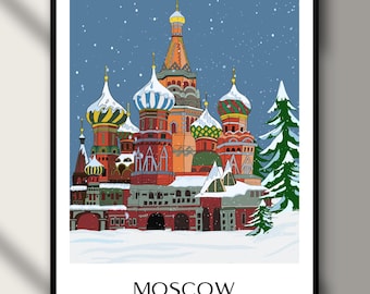 Hand-Drawn Moscow Red Square with Saint Basil's | Russia Travel Poster Printable Wall Art Digital Download