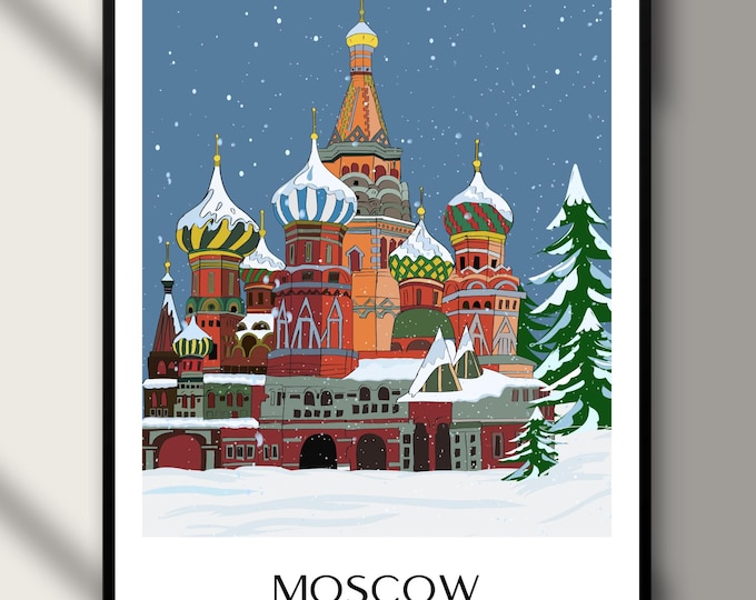 Hand-Drawn Moscow Red Square with Saint Basil's | Russia Travel Poster Printable Wall Art Digital Download