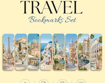 Travel Bookmark Set, 12 City Printable Bookmarks, Digital Download, Reading Gift, World Landmarks, Book Lover Gift